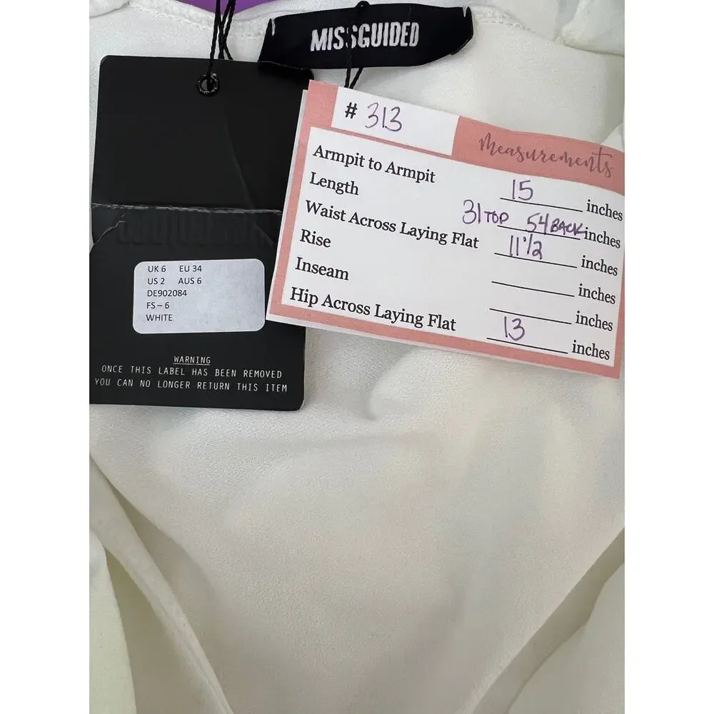 NWT Missguided Long Sleeve Asymmetrical Low Cut V Neck Bodycon White Dress 2 - Picture 6 of 6